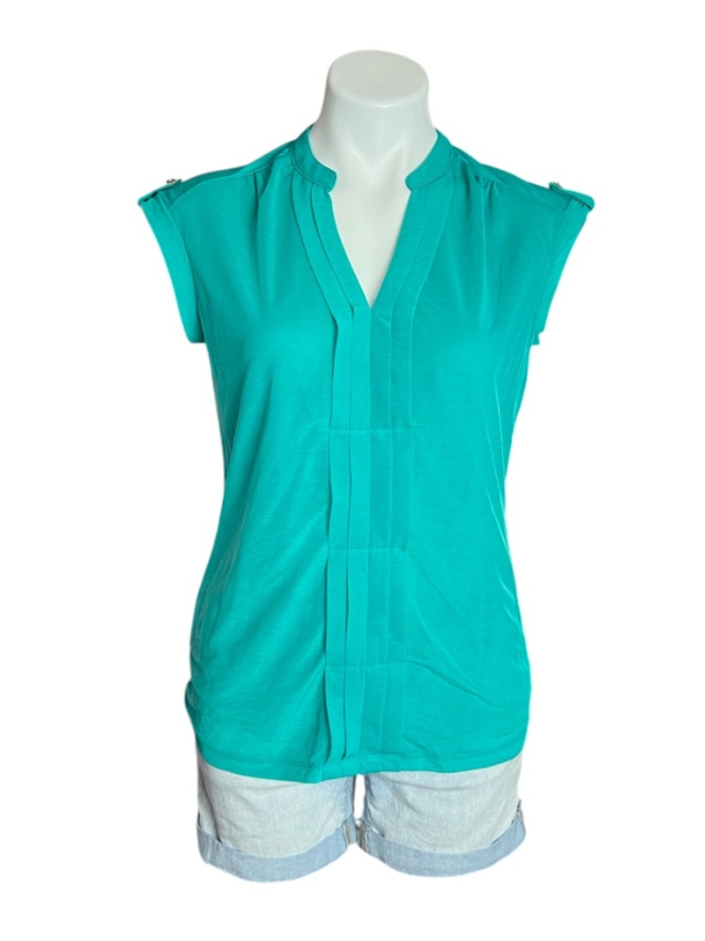 Worthington Pleated V-Neck Top S Peacock Blue Sleeveless Workwear Office Chic